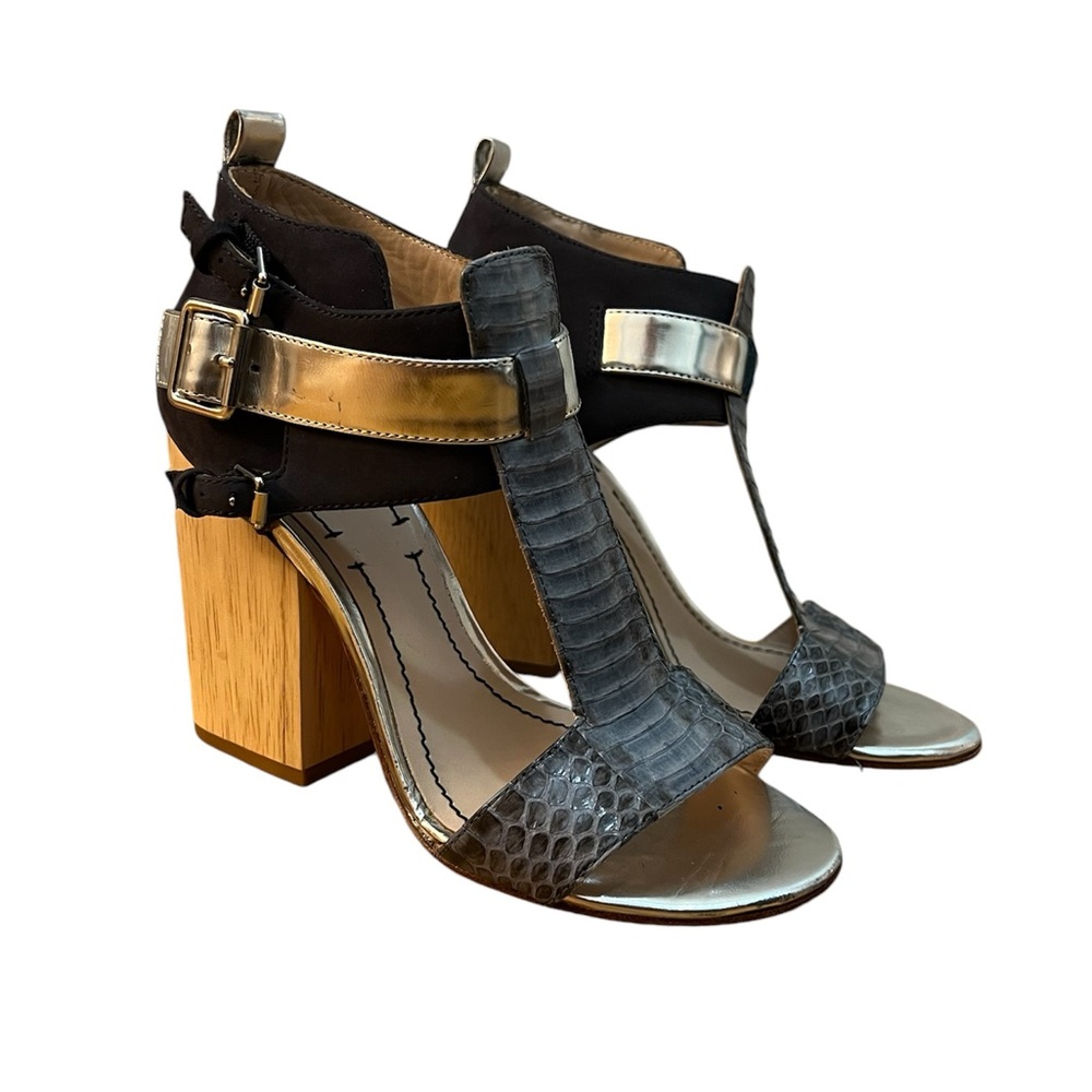 Elizabeth and James Carri Heel Blue Multi Snake Wooden Heel Sandals (Size 5.5)